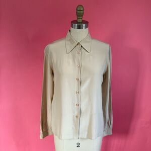 Vintage 90s/Y2K SILK Beige Cream Flowy Button Down Long Sleeve Collared Shirt 2P
